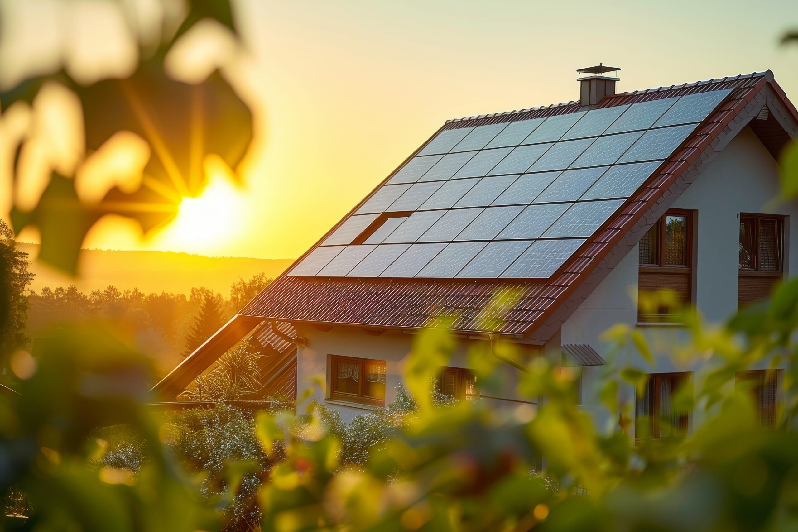 A House with Solar Panels on the Roof at Sunset